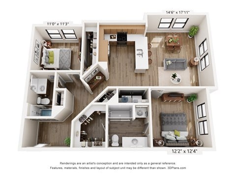 Floor plan for 2 beds, 2 baths, 1128 sqft